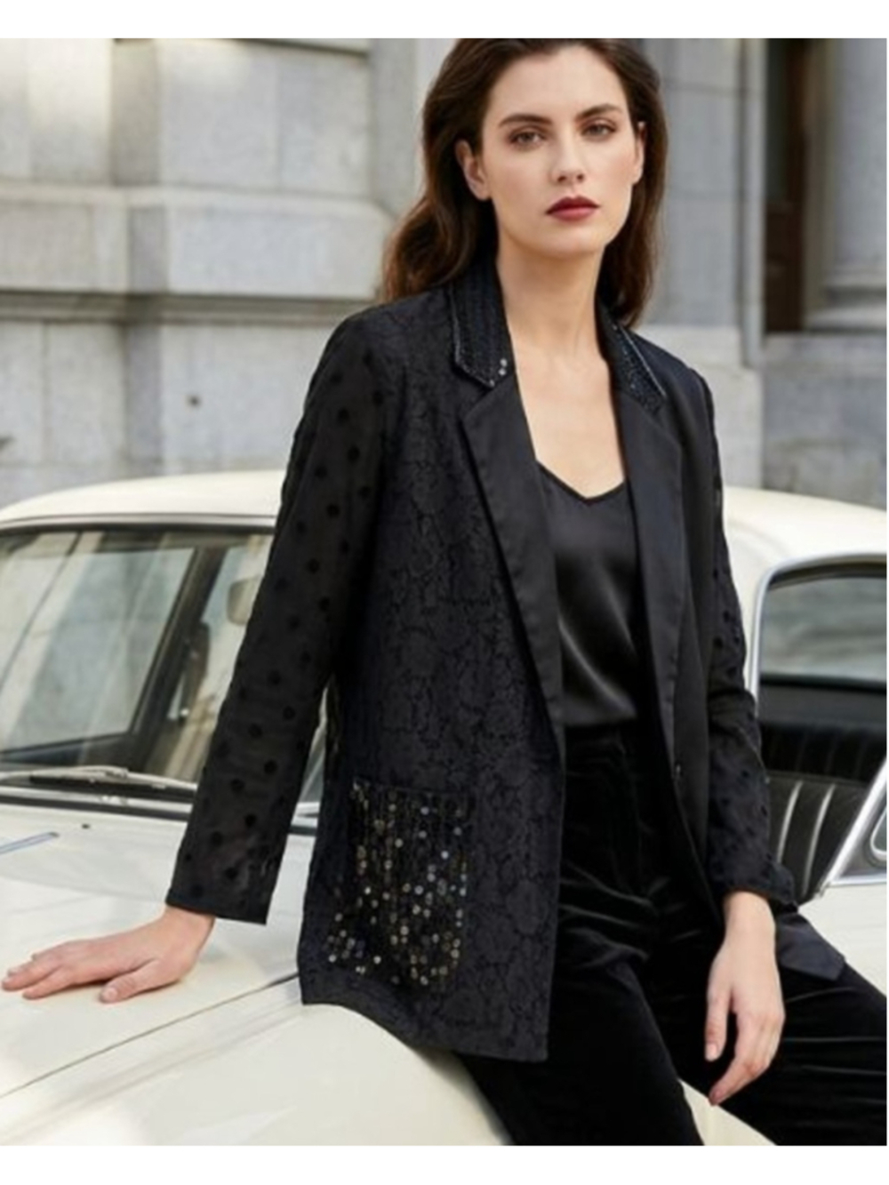 Rare Vintage 90's Concepts&Design Black Floral Sequin Polka Dot Jacquard Blazer